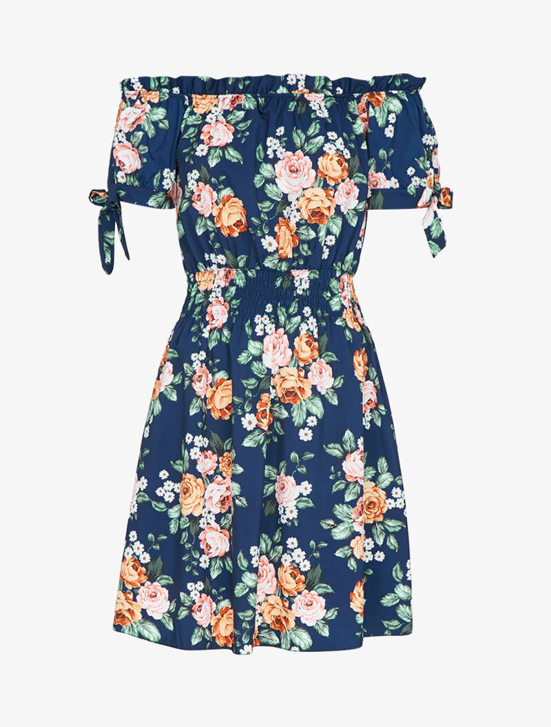 Geplooide jurk met print en off-shoulder halslijn - marineblauw - Image 2