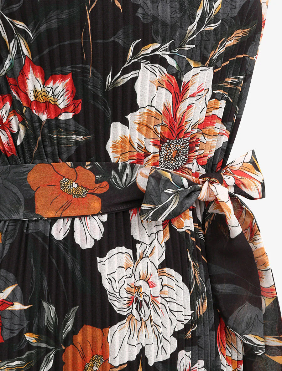Geplooide jurk met zomerbloemenprint - Zwart - Image 3