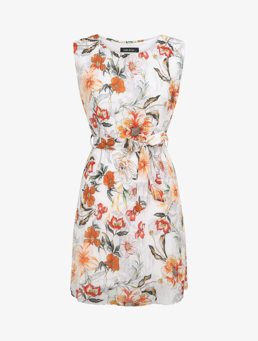 Geplooide jurk met zomerbloemenprint - Wit