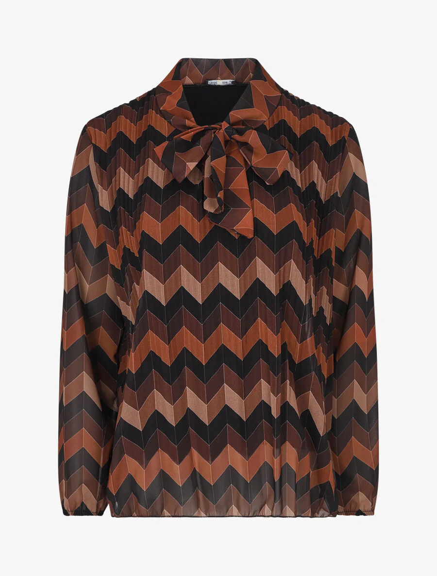Geplooide lavaliere blouse met zigzagprint - Kameel
