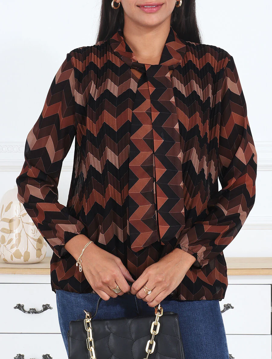 Geplooide lavaliere blouse met zigzagprint - Kameel - Image 4