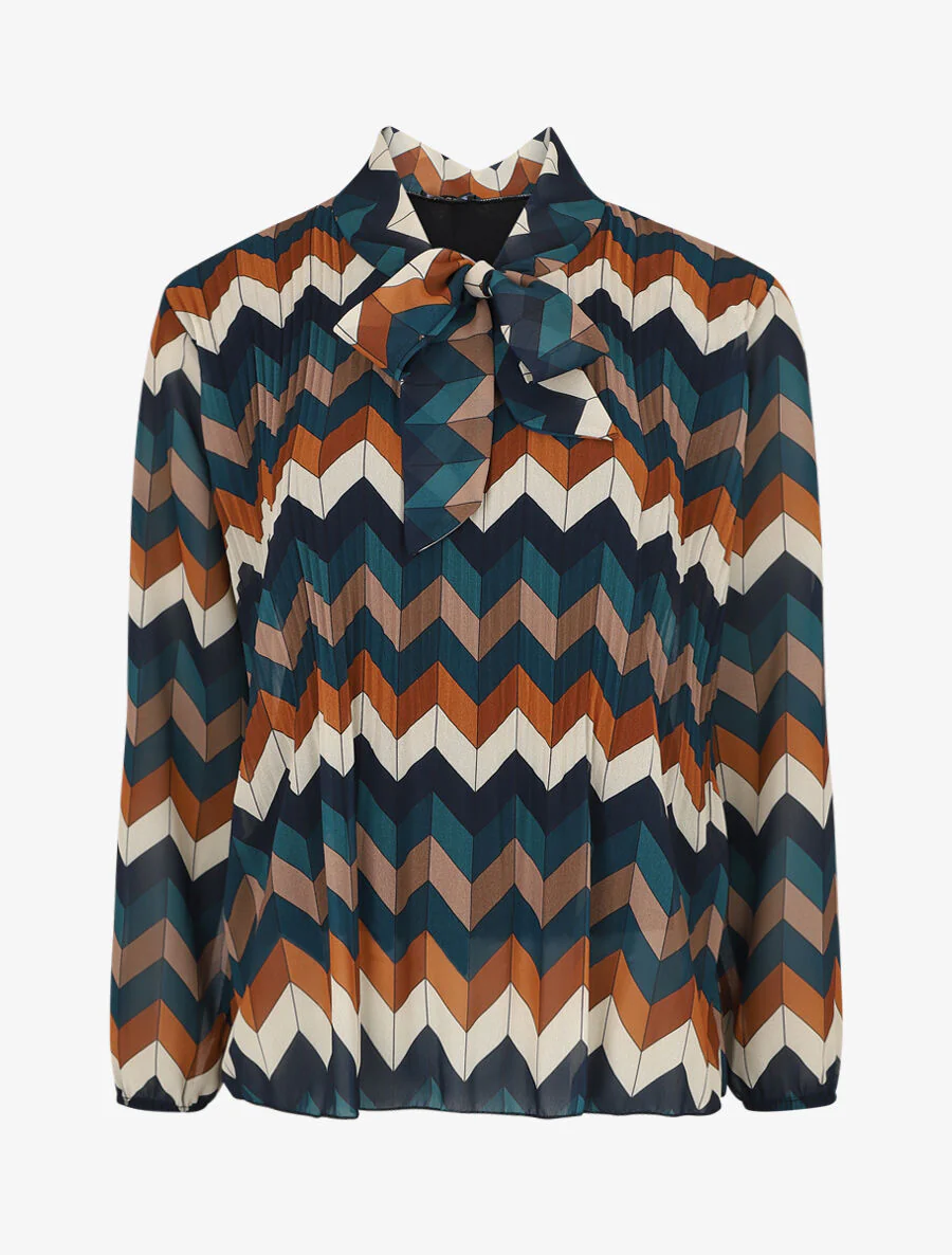 Geplooide lavaliere blouse met zigzagprint - Blauwgroen