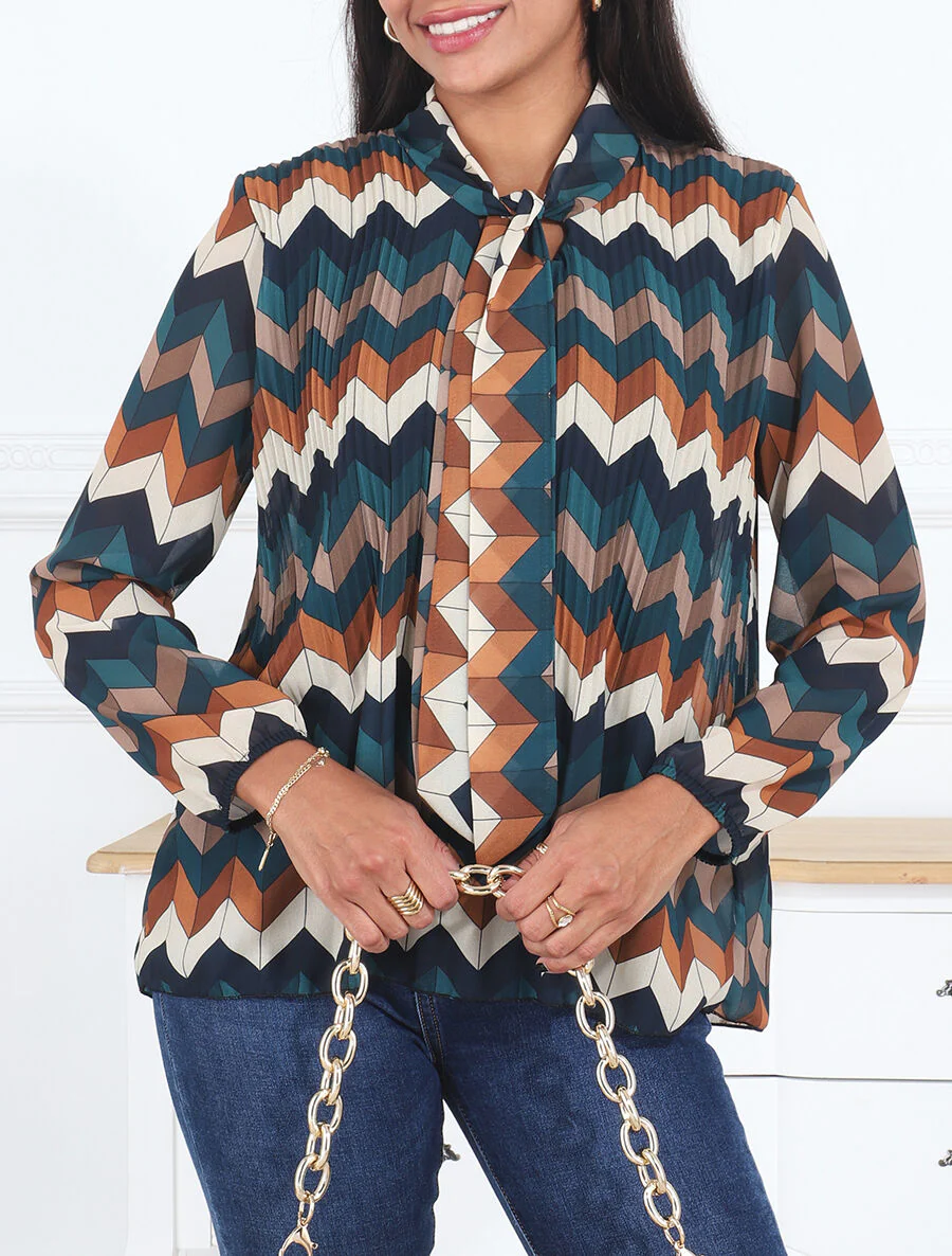 Geplooide lavaliere blouse met zigzagprint - Blauwgroen - Image 4