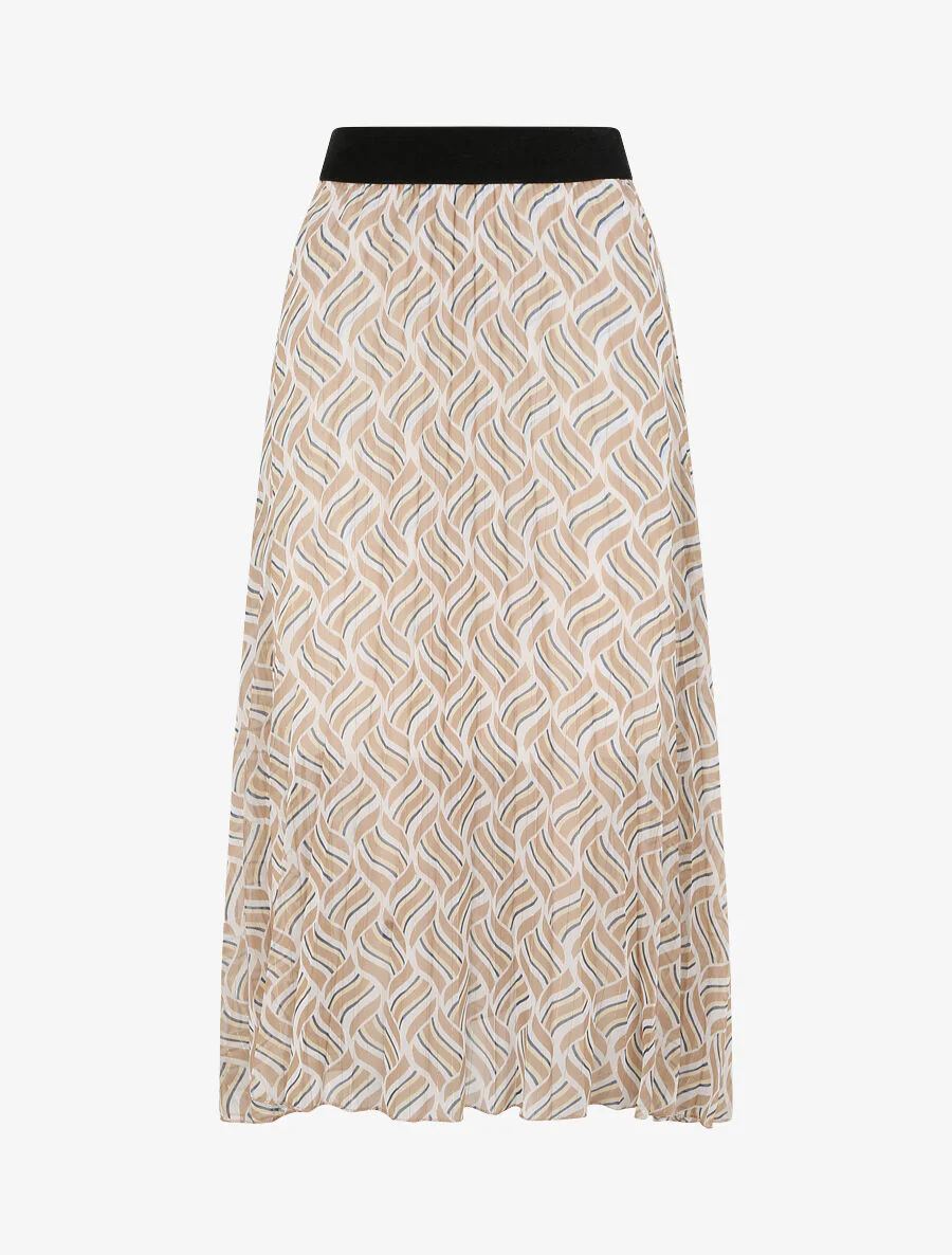 Midirok met plooien en uitlopende snit met gestileerde geometrische print - Beige