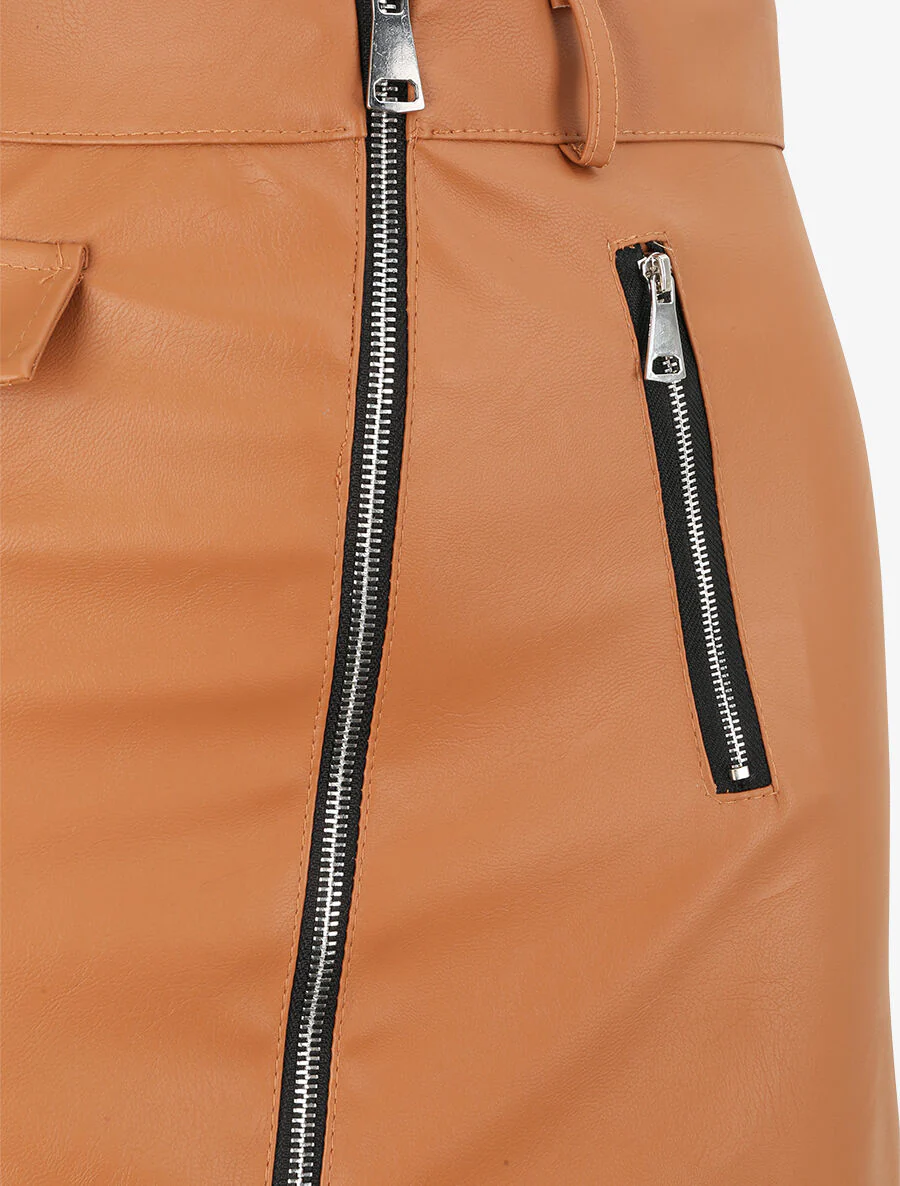 Gerende ritssluiting rok van imitatieleer - Kameel - Image 3