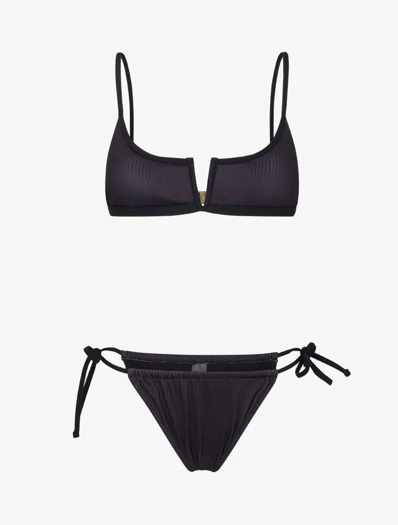 Geribbelde bh-bikini met V-uitsnijding - zwart