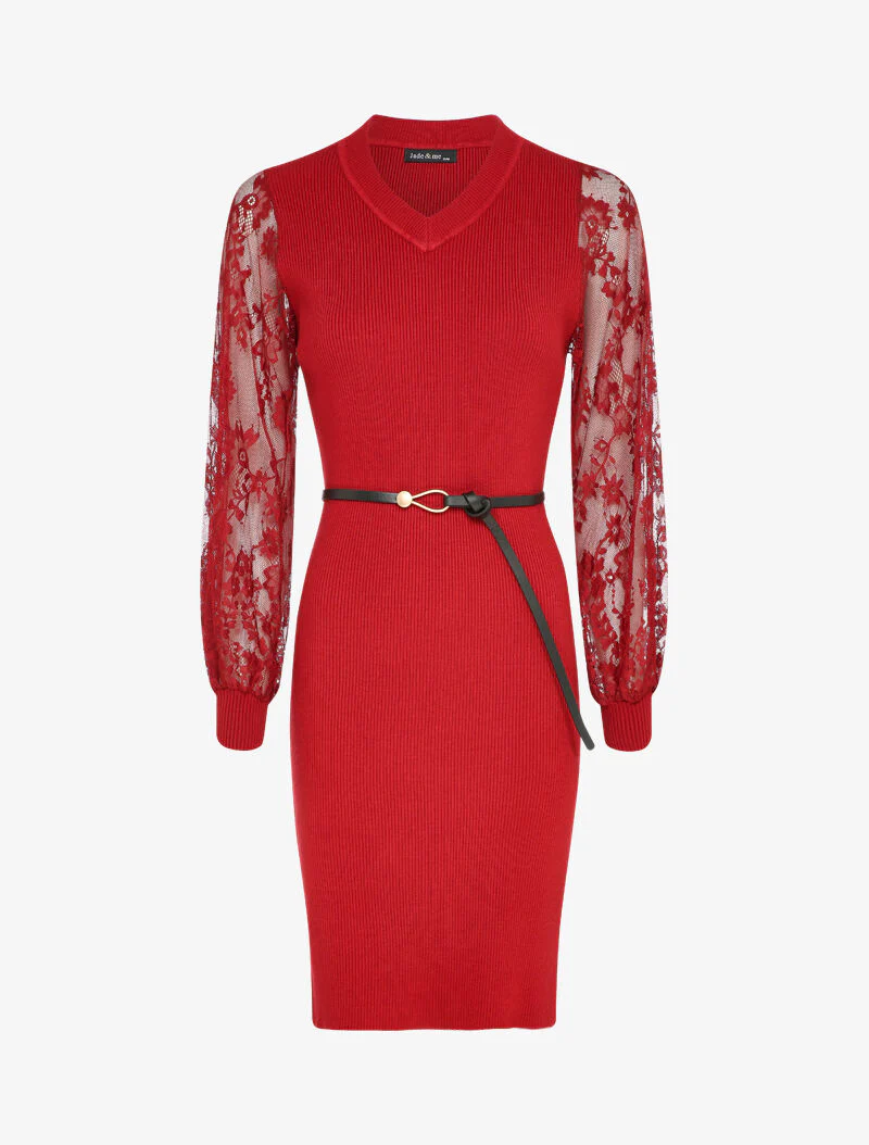 Geribbelde jurk met bloemenkant mouwen - Rood