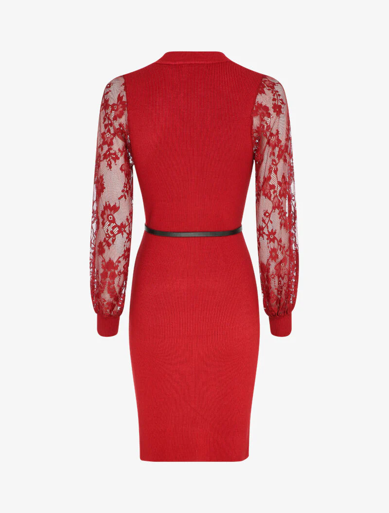 Geribbelde jurk met bloemenkant mouwen - Rood - Image 2