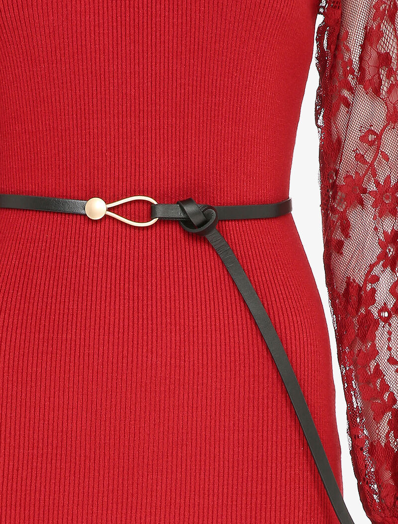 Geribbelde jurk met bloemenkant mouwen - Rood - Image 3