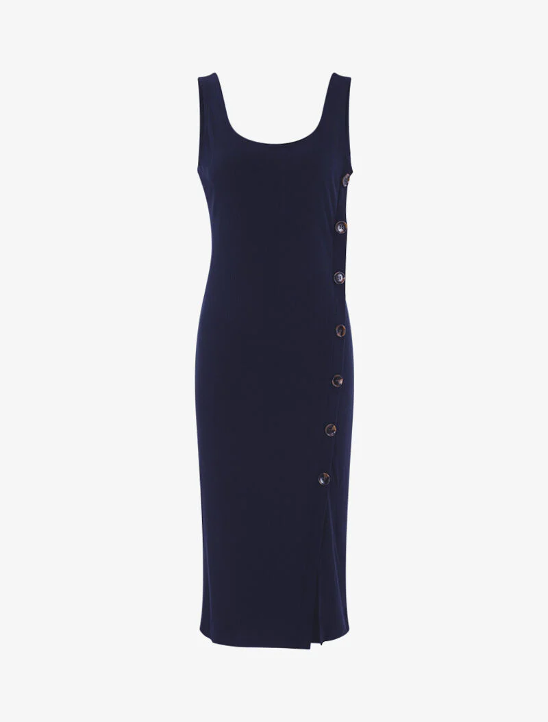 Geribde jurk met schuine knoopsluiting - marineblauw
