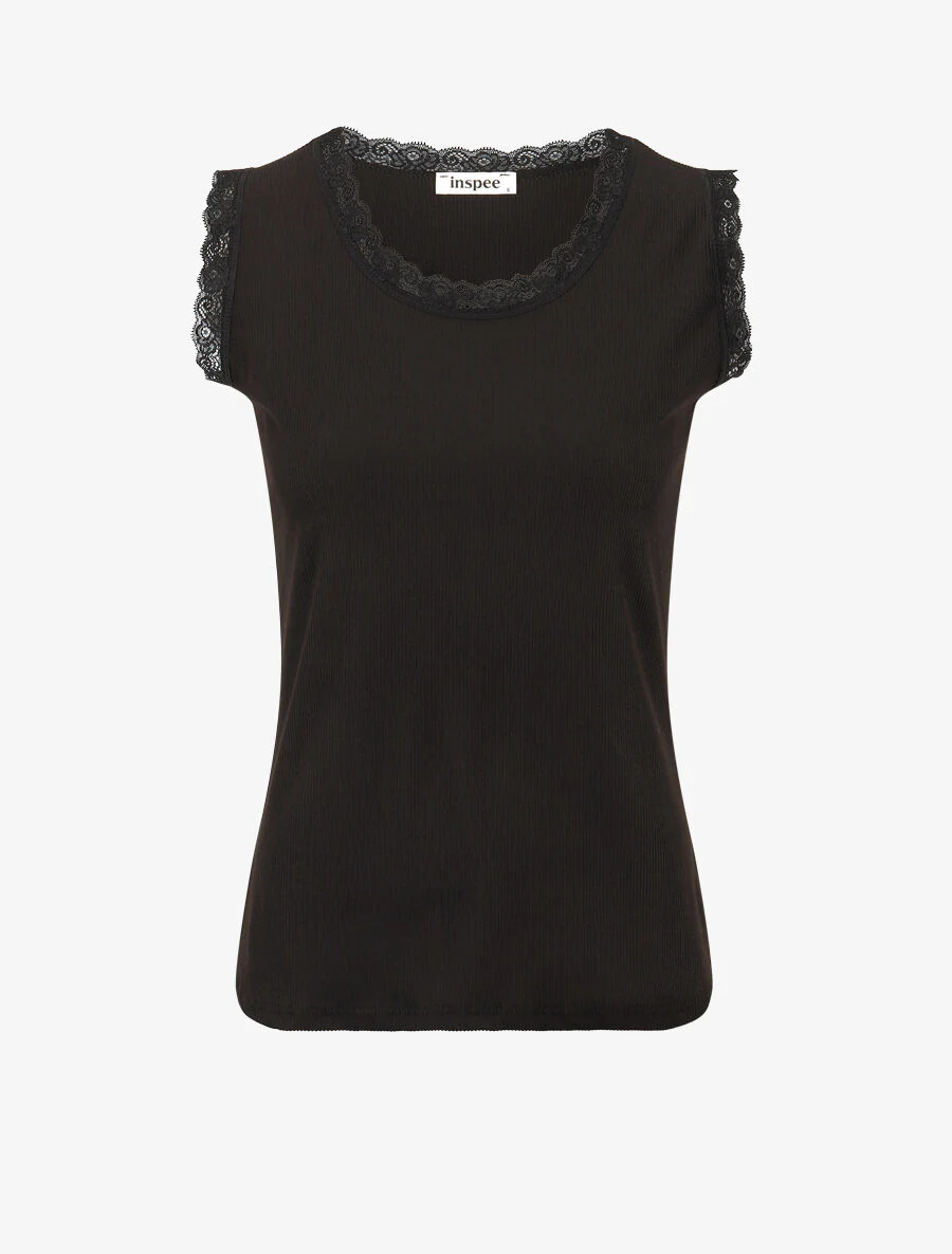 Geribbelde tanktop met kanten randje - Zwart