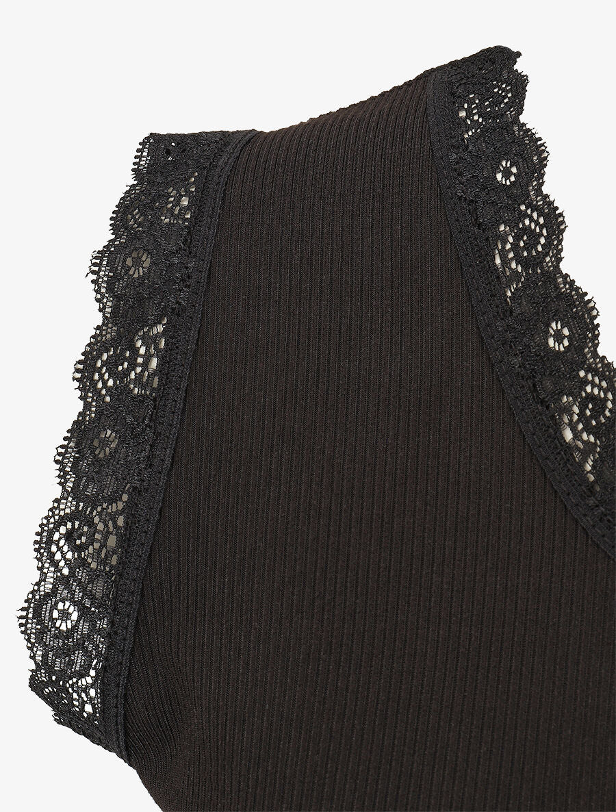 Geribbelde tanktop met kanten randje - Zwart - Image 3
