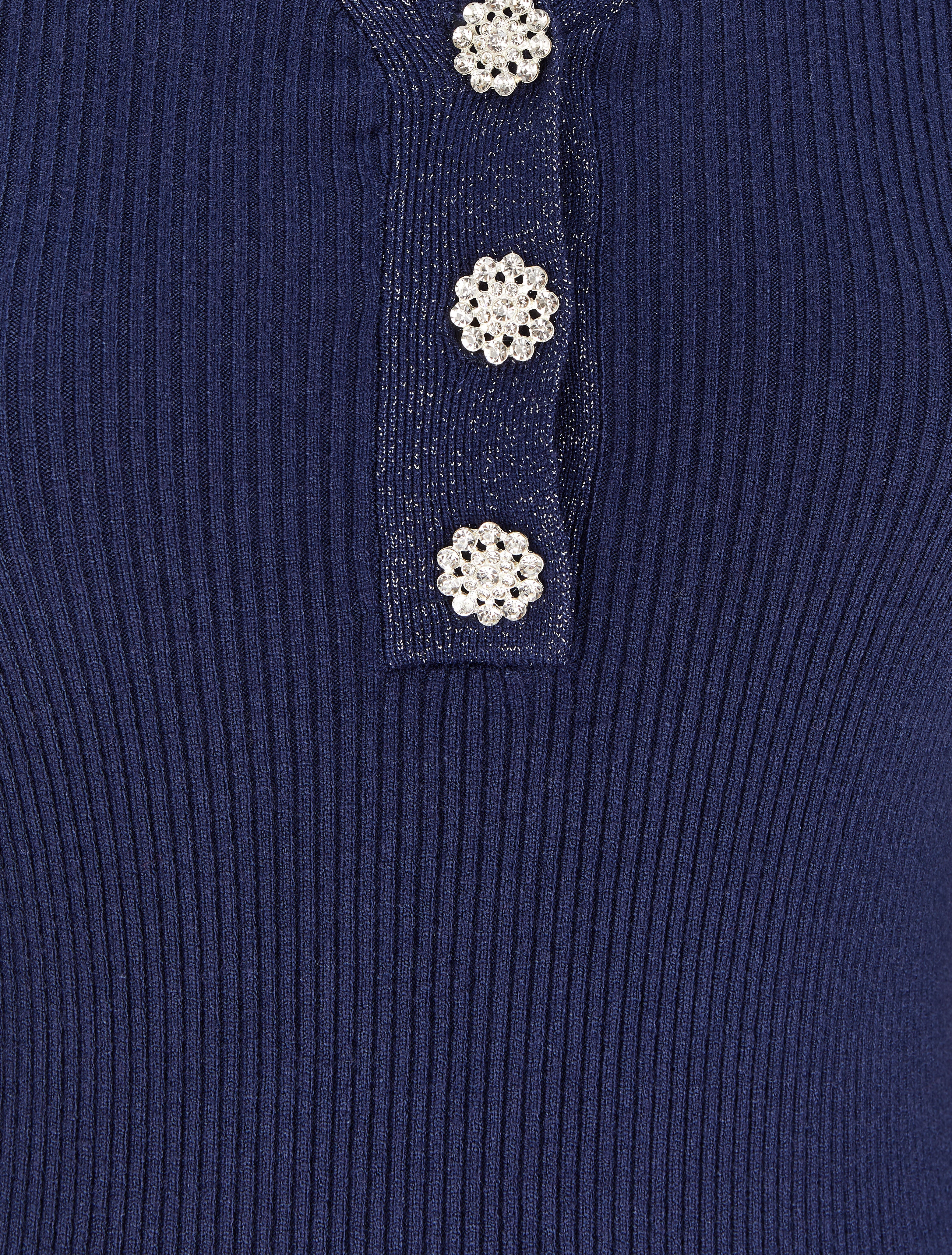 Geribbelde trui met V-hals iriserende afwerking en strass knopen - Donkerblauw - Image 3