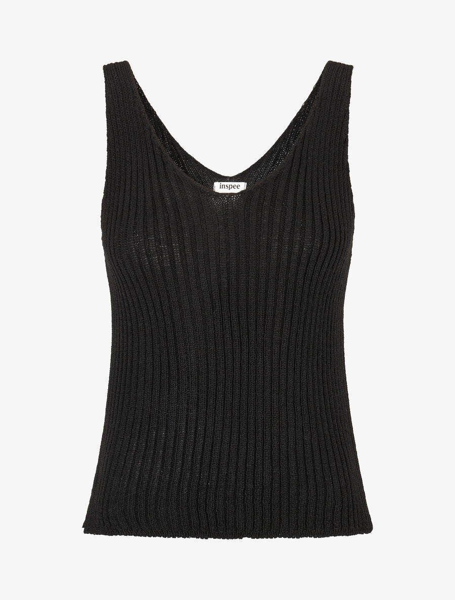 Geribbelde V-hals tanktop - Zwart