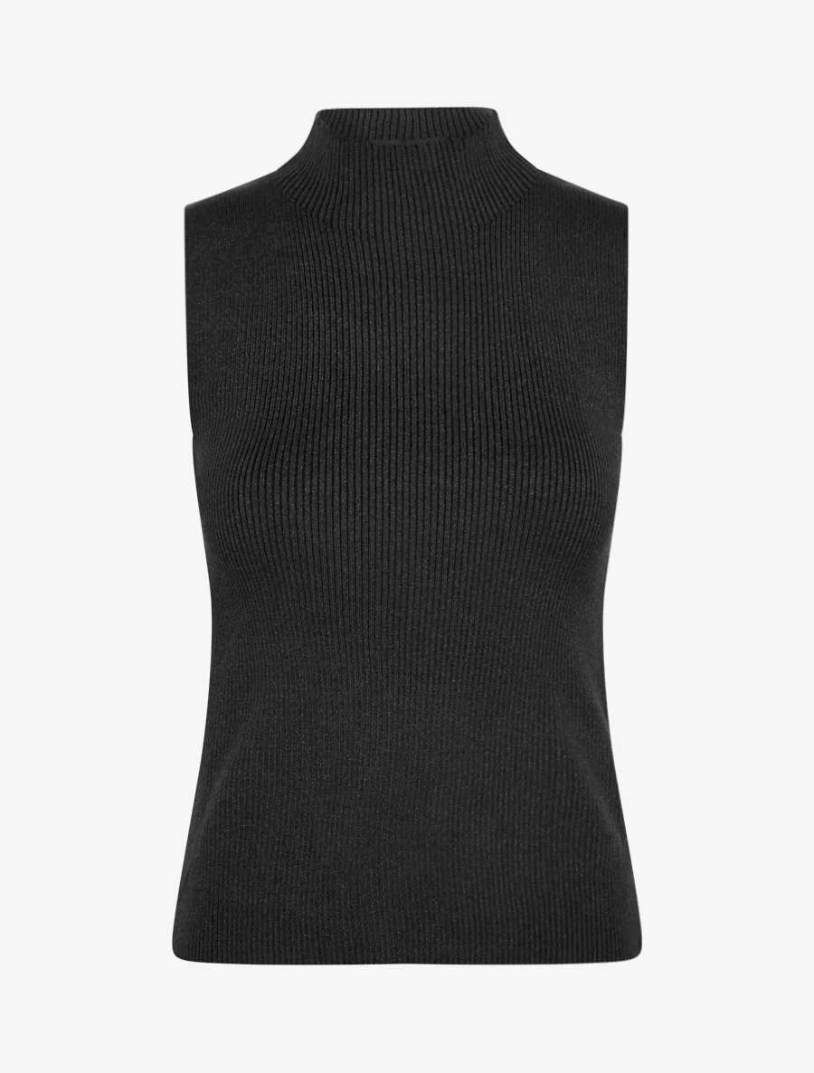 Geribd iriserend mouwloos shirt met opstaande kraag - Zwart