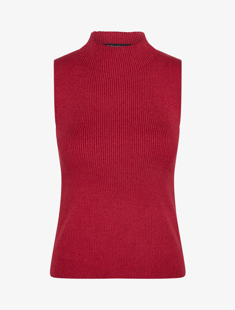 Geribd iriserend mouwloos shirt met opstaande kraag - Bordeaux