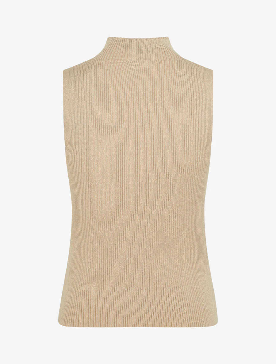 Geribd iriserend mouwloos shirt met opstaande kraag - Beige - Image 3