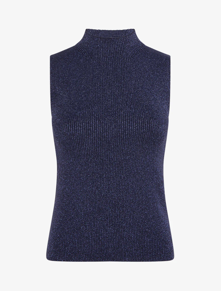 Geribd iriserend mouwloos shirt met opstaande kraag - Marine
