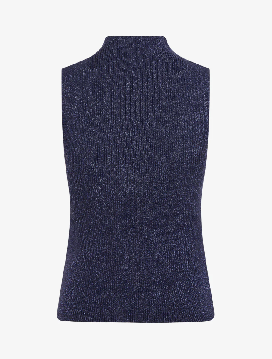 Geribd iriserend mouwloos shirt met opstaande kraag - Marine - Image 2