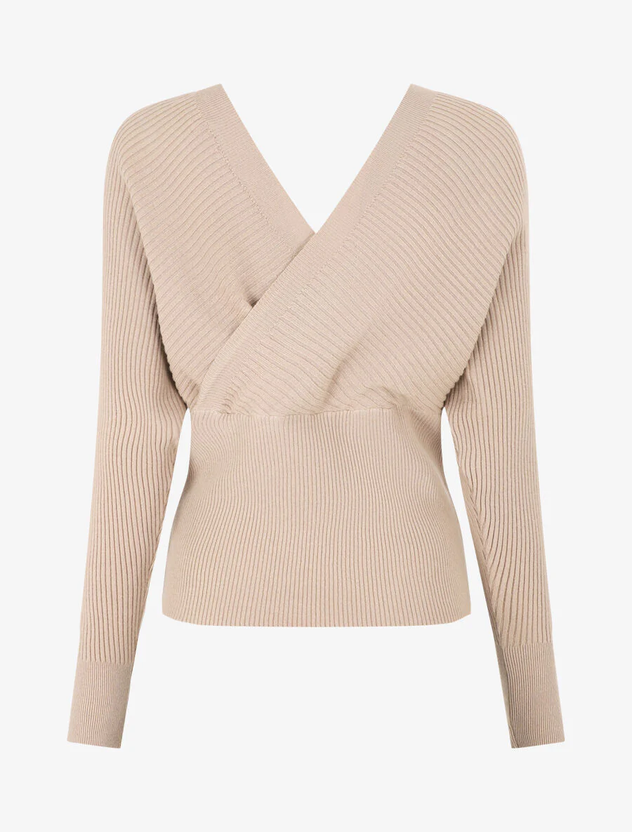 Geribde. aansluitende trui met overslagkraag - beige - Image 2