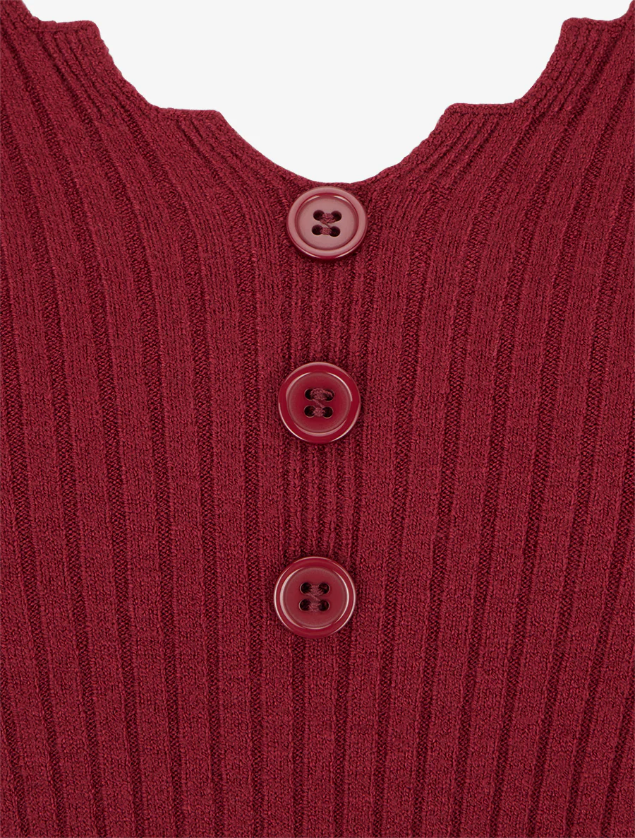 Geribde aansluitende V-hals trui met decoratieve knopen - Bordeaux - Image 3
