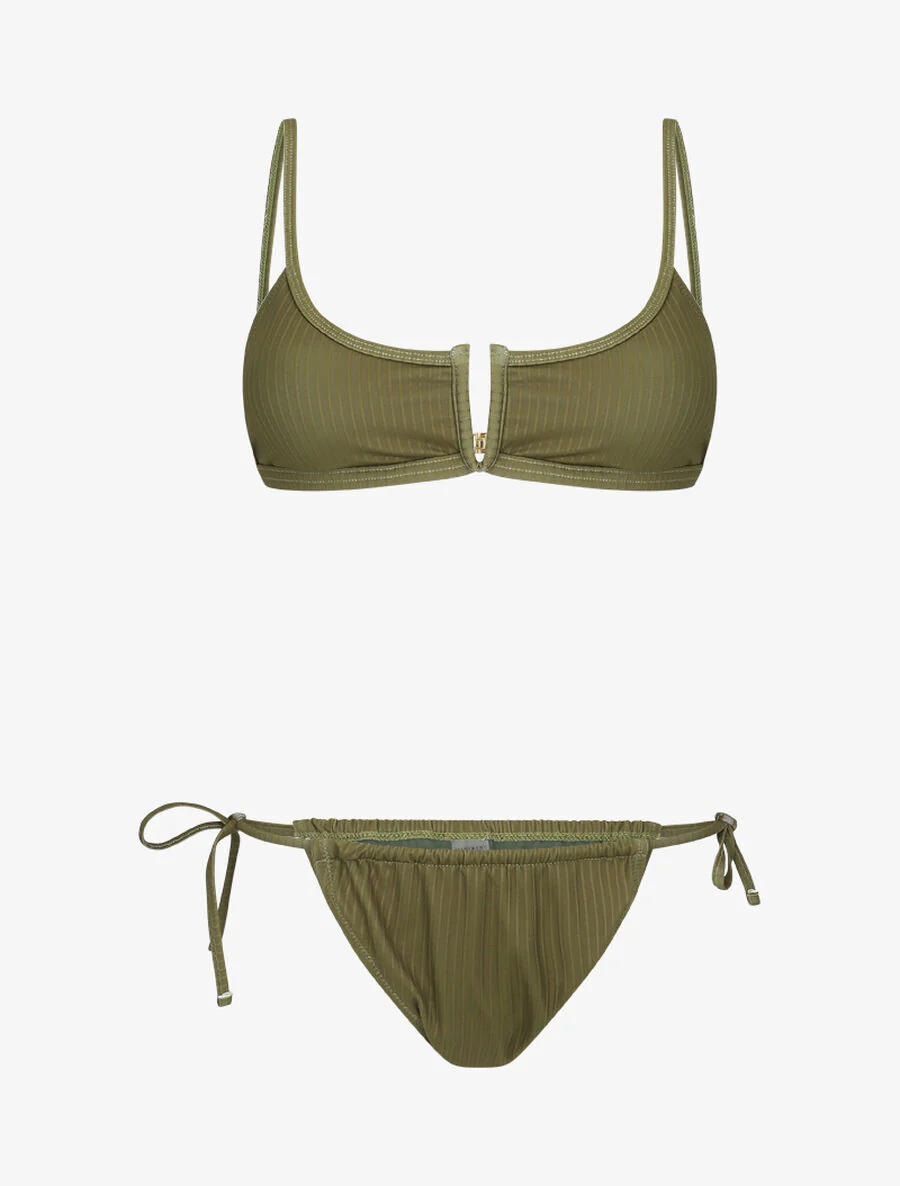 Geribde bikini met split - Kakigroen