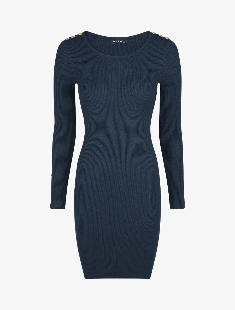 Geribde jurk met lange mouwen - Marineblauw