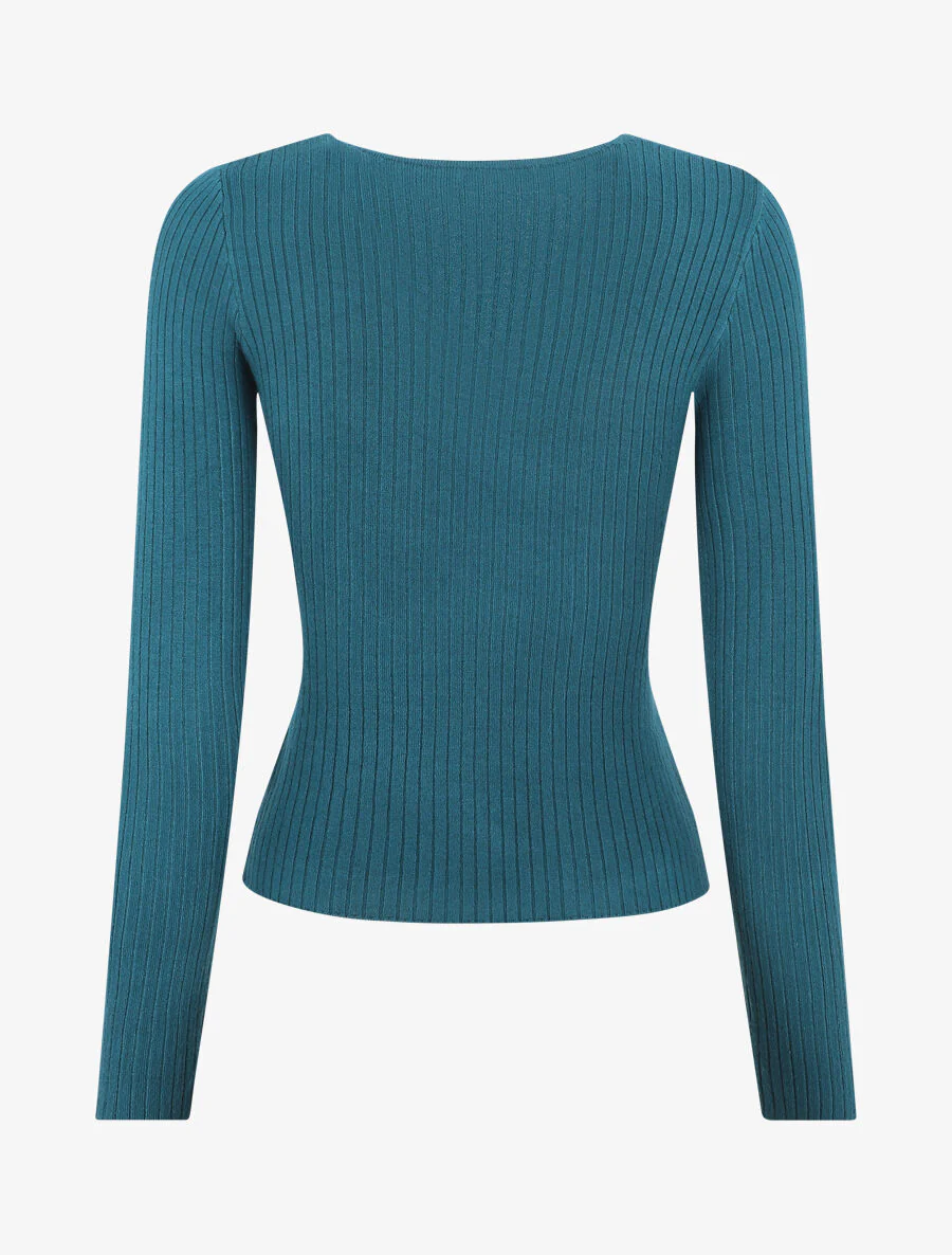 Geribde. nauwsluitende trui met overslagkraag - Blauwgroen - Image 2