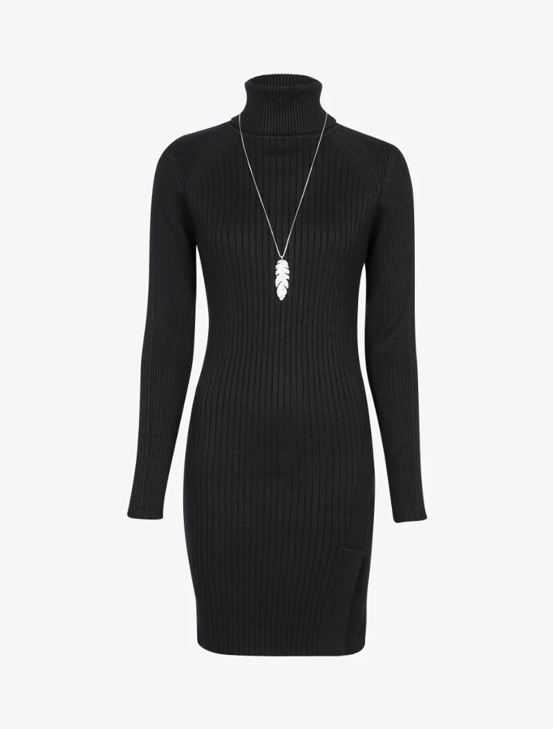 Geribde sweaterjurk met gespleten zoom - zwart