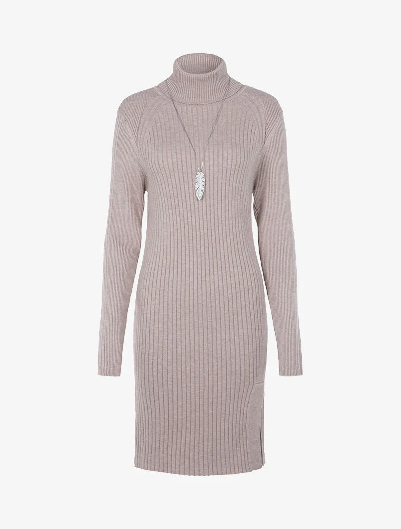 Geribde sweaterjurk met gespleten zoom - beige - Image 2