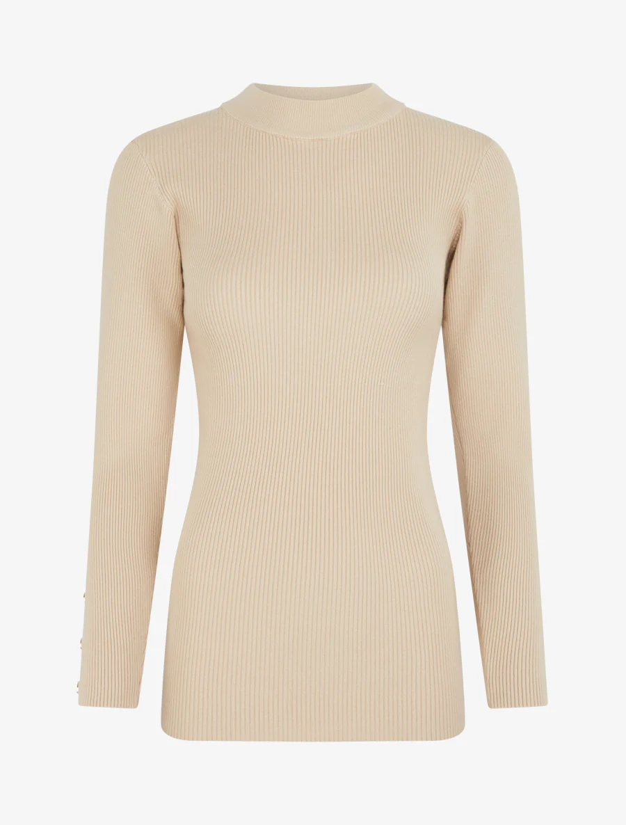 Geribde trui met opstaande kraag - Beige