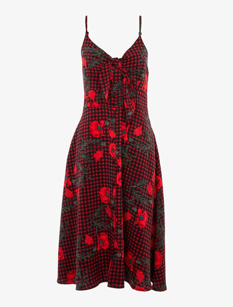 A-lijn jurk met ruiten en bloemen - rood/zwart