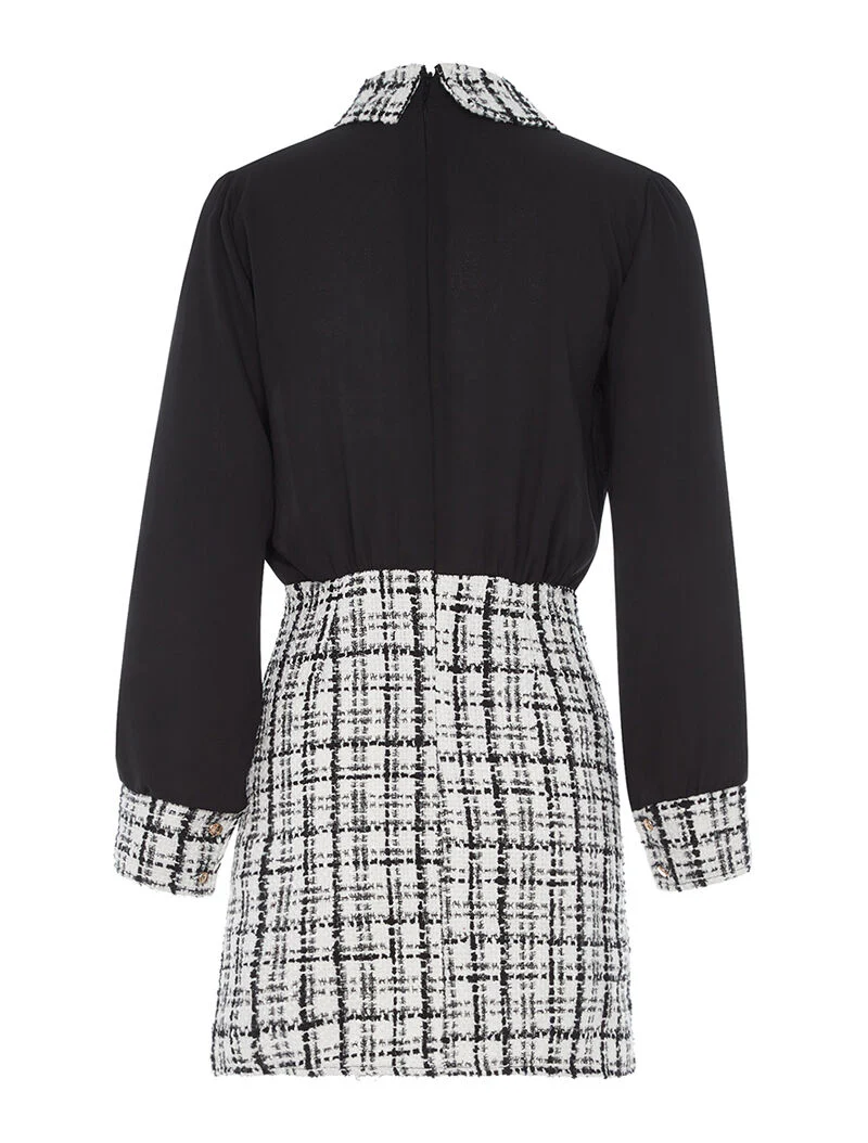 Geruite jurk met Claudine-kraag - wit en zwart - Image 2