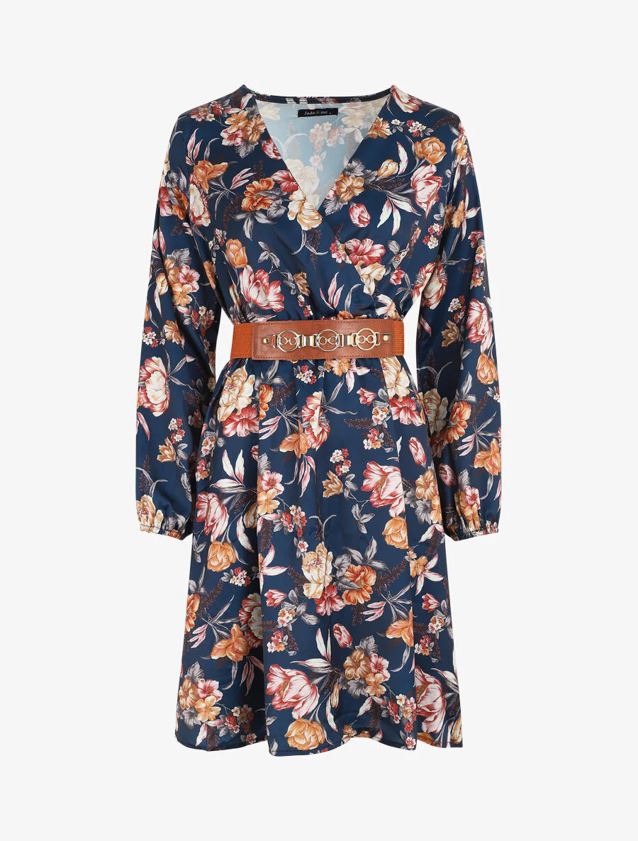 Gesatineerde jurk met bloemenprint - Marineblauw