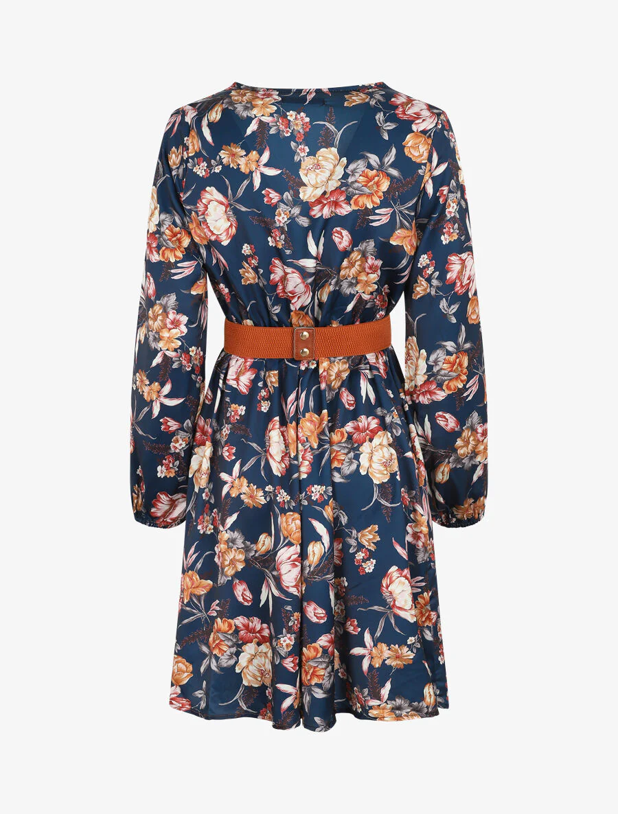 Gesatineerde jurk met bloemenprint - Marineblauw - Image 2