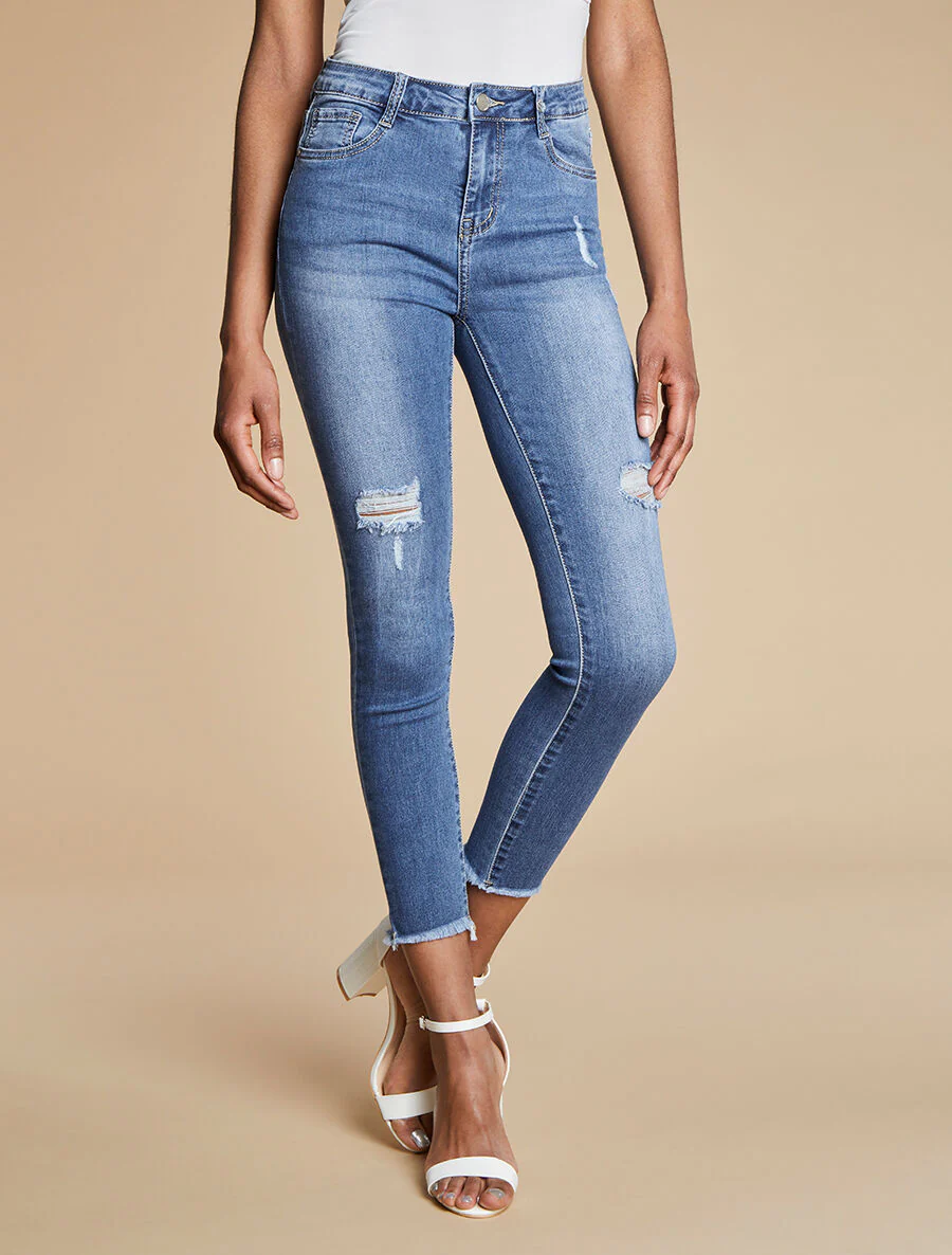 Gescheurde jeans met recht gesneden randen - blauw