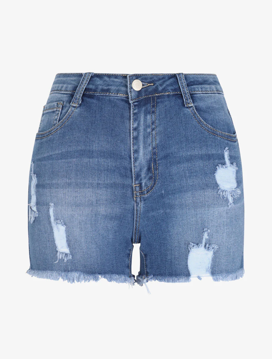 Gescheurde jeansshort met onafgewerkte randen - Blauw