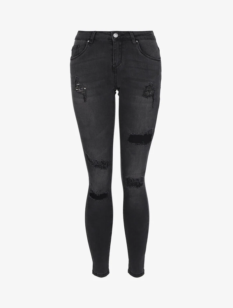 Gescheurde skinny jeans met lage taille - Zwart