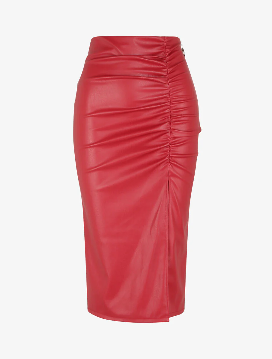 Gespleten en geplooide rok in imitatieleer - Rood