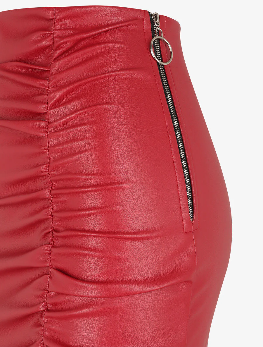 Gespleten en geplooide rok in imitatieleer - Rood - Image 3