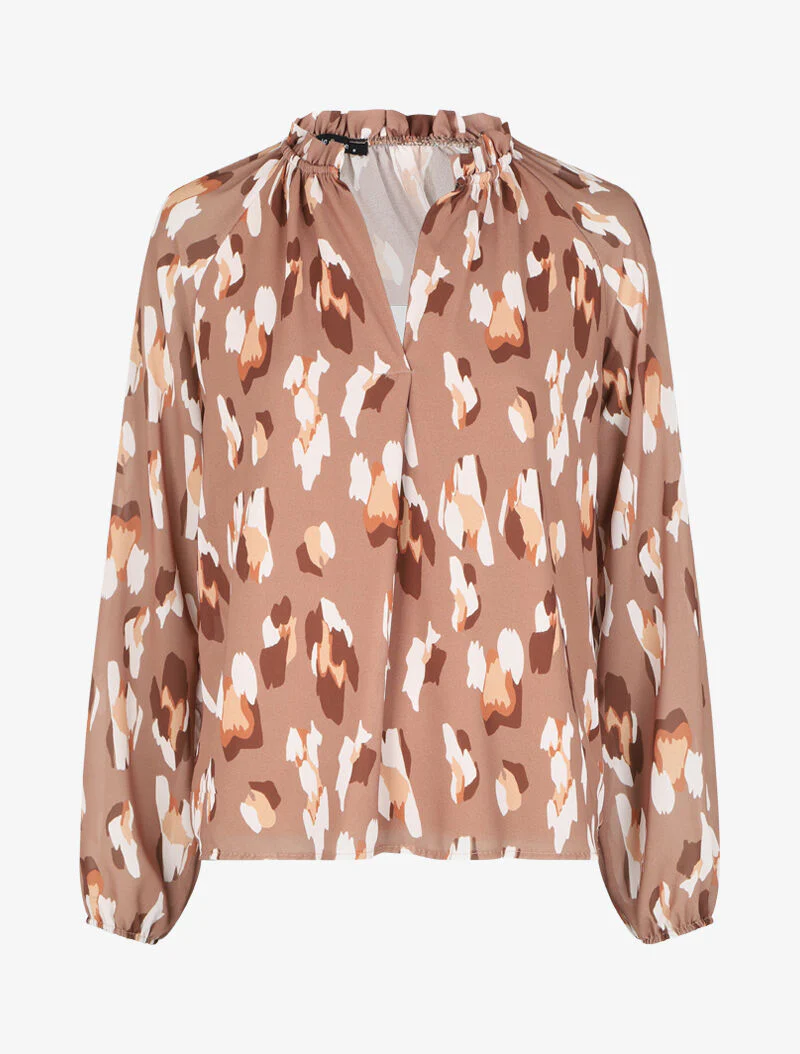Gestileerde luipaardprint top met volant V-hals - Camel