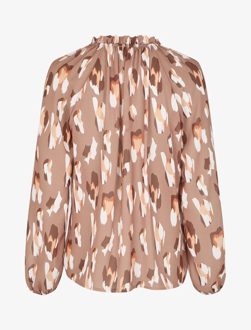Gestileerde luipaardprint top met volant V-hals - Camel - Image 2