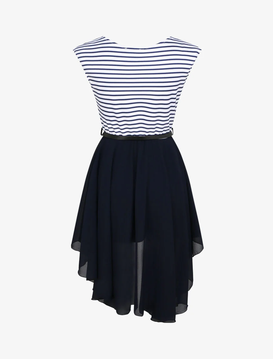 Gestreepte asymmetrische A-lijn jurk met ronde hals - Marineblauw - Image 2