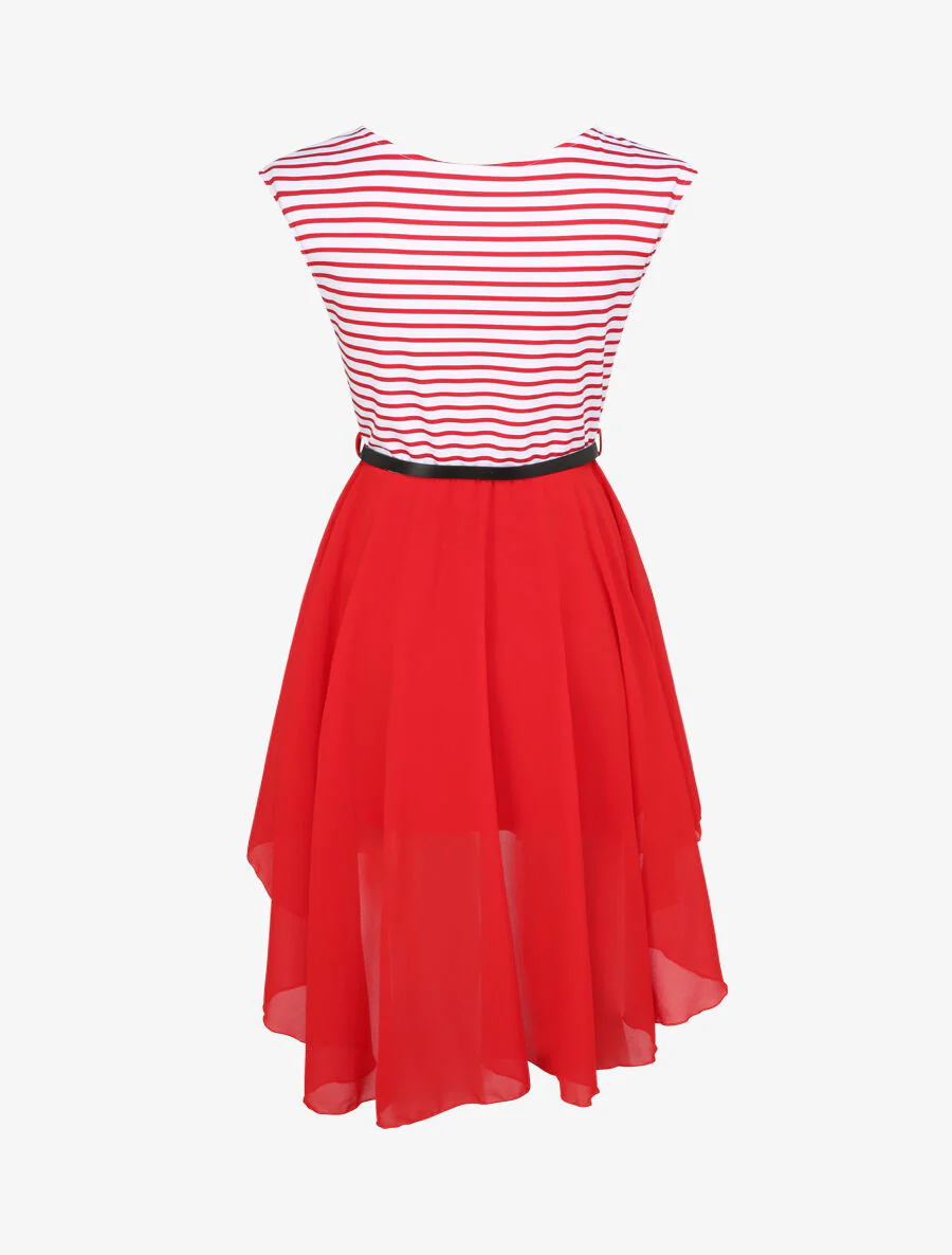 Gestreepte asymmetrische A-lijn jurk met ronde hals - Rood - Image 2