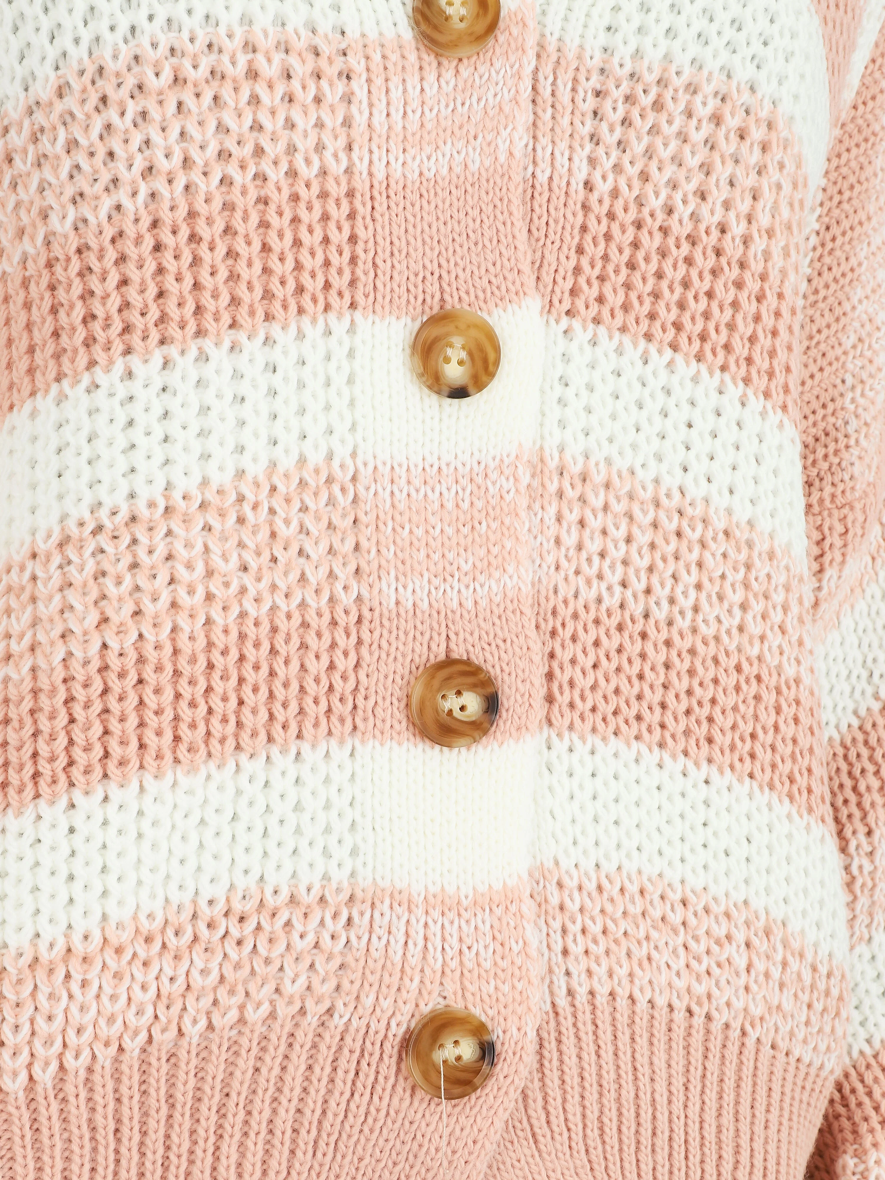 Gestreepte cardigan met geribbelde randen - Roze - Image 3