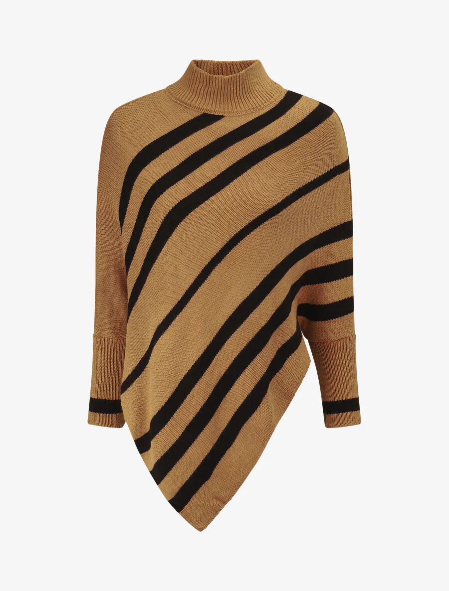 Gestreepte gebreide poncho - Camel