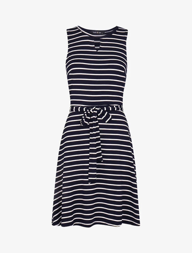 Gestreepte jurk met sleutelgatdetail - marine