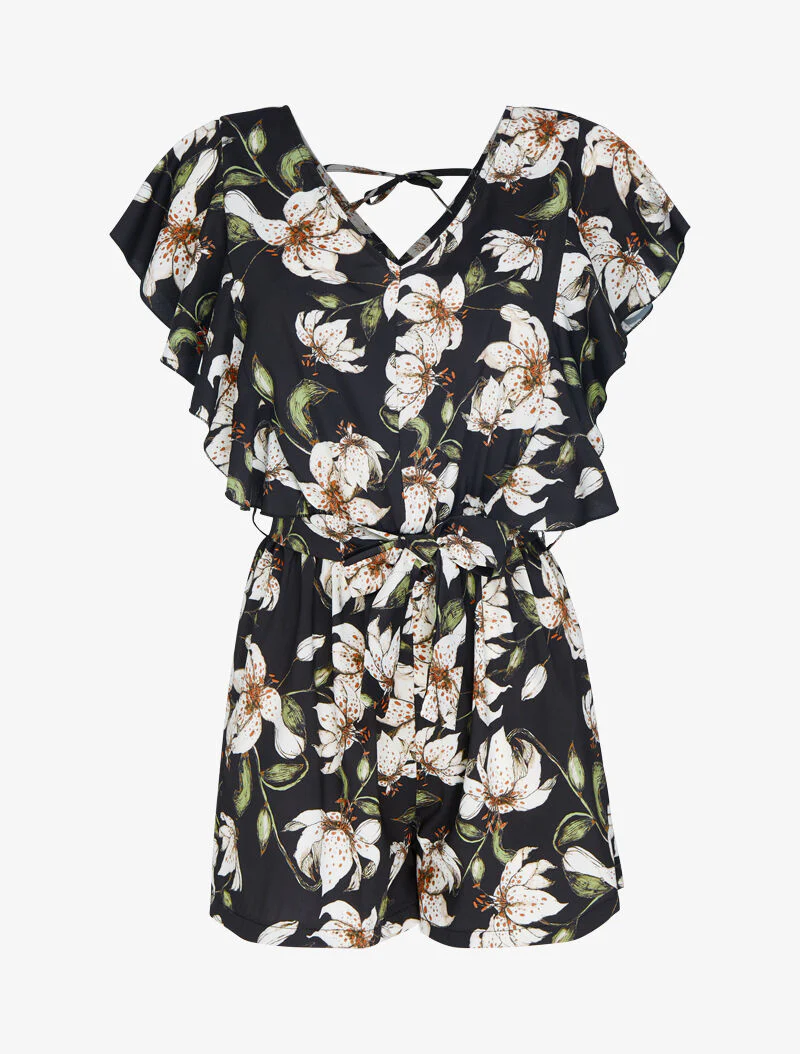 Gestreepte playsuit met ruches - zwart - Image 2