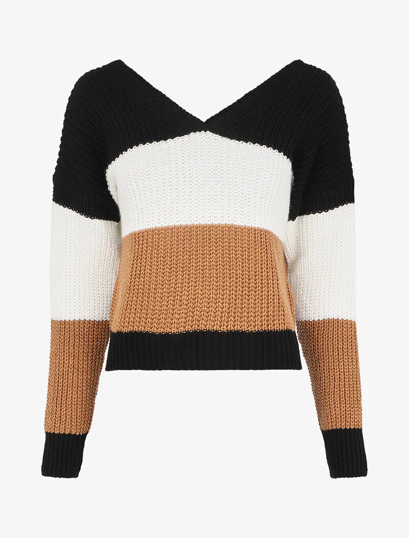 Gestreepte trui met V-hals en rug - Camel