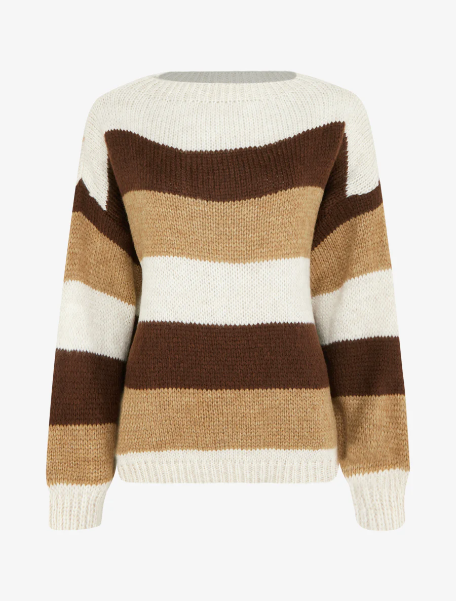 Gestreepte rechte trui met ronde hals - Beige